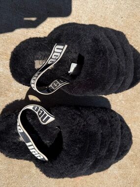UGG Black Plush Slide Slippers with Logo Strap
